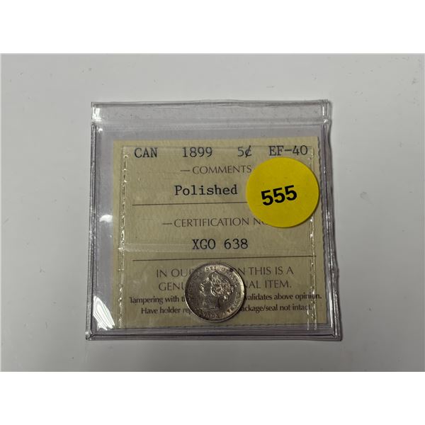 1899 Canadian Victorian Silver 5 Cents. ICCS certified and graded EF-40, Polished.