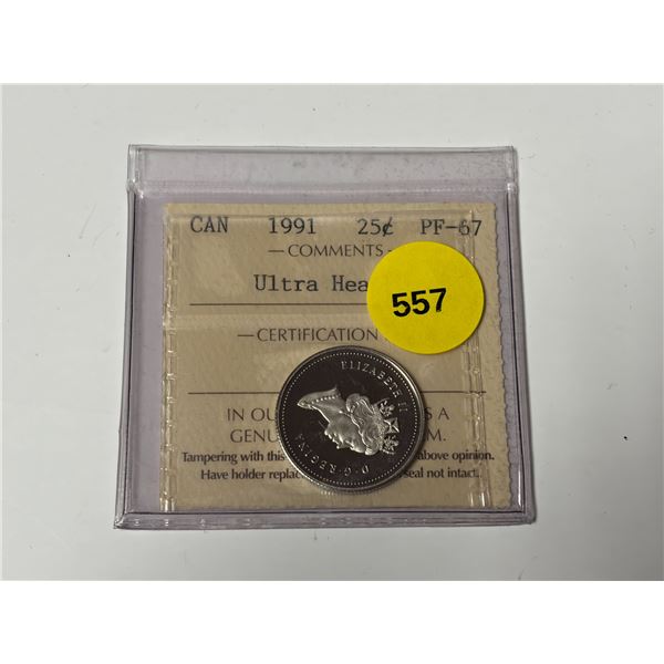 1991 Canadian 25 Cents. ICCS certified and graded PF-67 Ultra Heavy Cameo. Key Date.