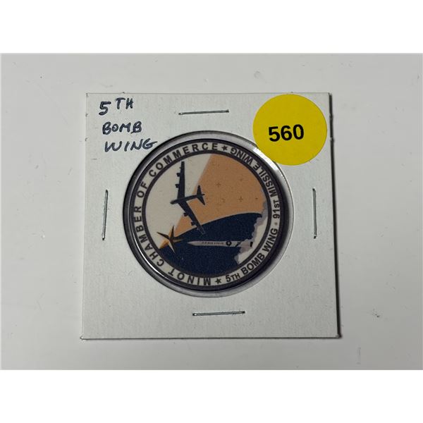 5th Bomb Wing, 91st Missile Wing Colourized Wooden Nickel from Minot North Dakota. Unc.