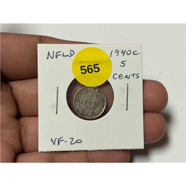 Newfoundland 1940c Silver 5 Cents. VF20.