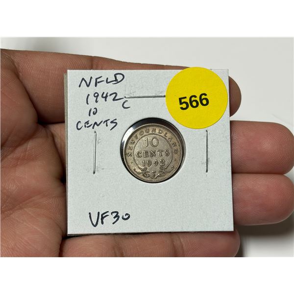 Newfoundland 1942c Silver 10 Cents. VF30.