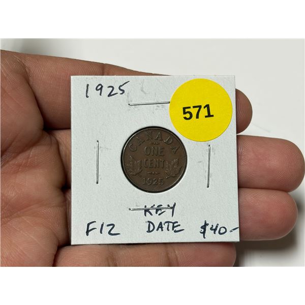 1925 Canadian Small Cent. Key Date. F12.