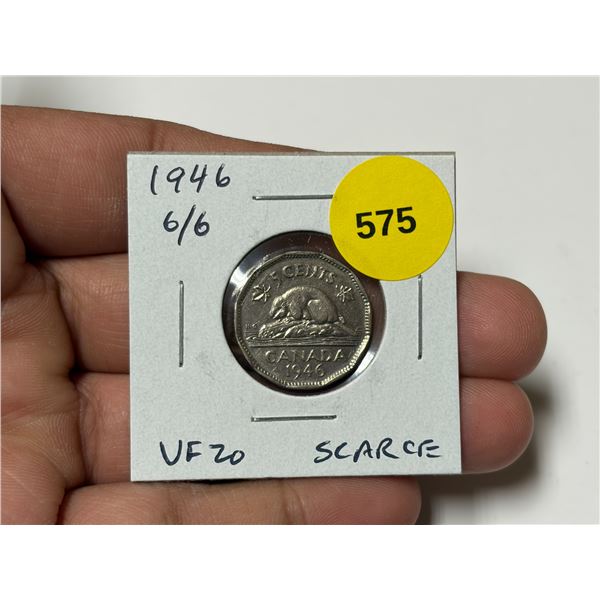 1946 6/6 Nickel 5 Cents. Scarce 6/6 variety. VF20.
