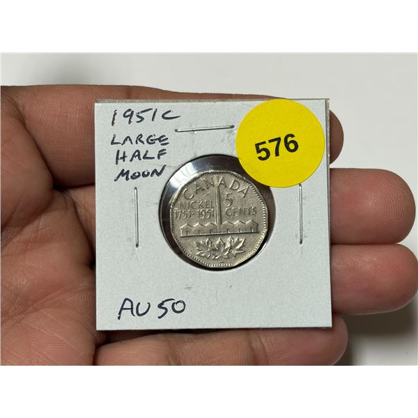 1751 – 1951C Large Half Moon Nickel 5 Cents. Large Half Moon from a Die Clash Error. AU50.