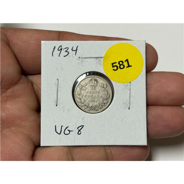 1934 Canadian Silver 10 Cents. VG8.