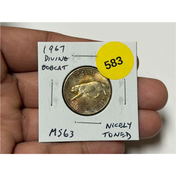 1967 Diving Bobcat Canadian Silver 25 Cents. There is a Die Rotation so that it appears that the Bob