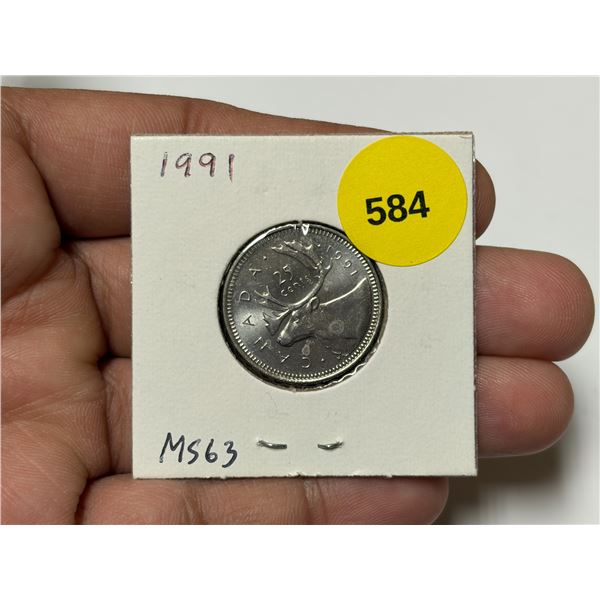 1991 Canadian 25 Cents. Key Date. Mintage of only 459,000. MS63.