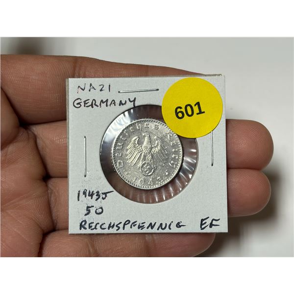 Nazi Germany. 1943J 50 Reichspfennig. Hamburg Mint. Eagle with Swastika. EF.