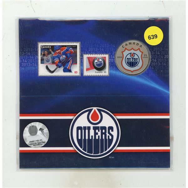 2014 Edmonton Oiiler 25 Cents. Colourized. Includes 2 Stamps. Housed in its original unopened RCM fo