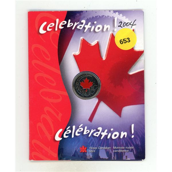 2004 Colourized Celebration 25 Cents with Red Maple Leaf. Housed in its original RCM folder.