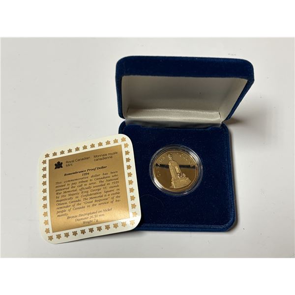 1994 Special Edition Remembrance Loonie Dollar. Depicts the National War Memorial. Proof with Ultra 