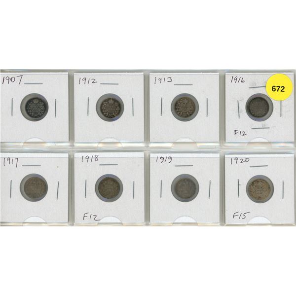 Lot of 8 Canadian Silver 5 Cents dated 1907 – 1920. Coins garde up to F15.