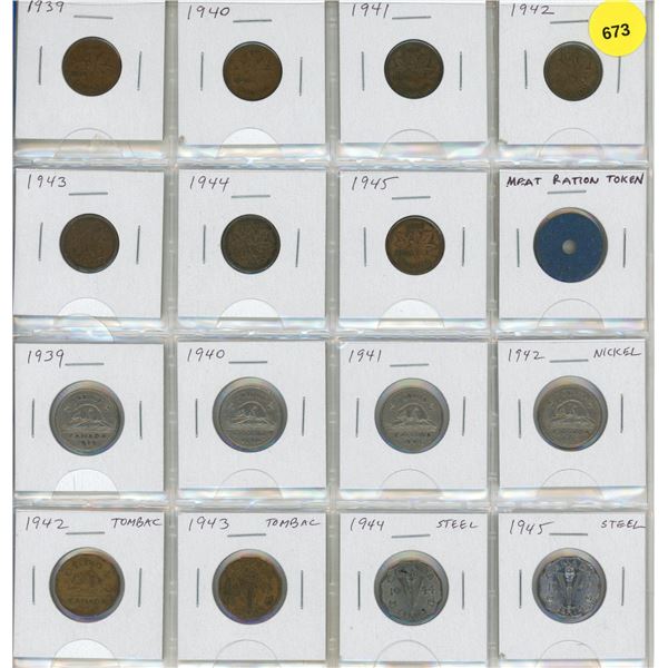 Complete set of Canadian World War II Cents and Nickels including both Tombacs and both Steel 5 Cent