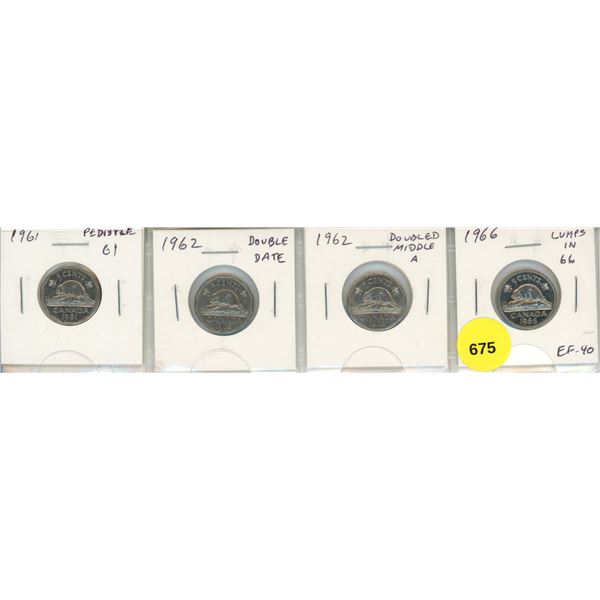 Set of 4 Canadian Nickel Errors and Varieties including Pedestal 61, 1962 Double Date, 1962 Doubled 