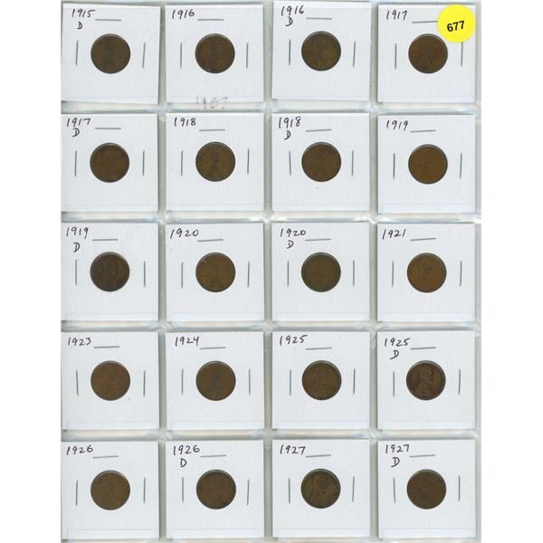 Set of 20 U.S. early Lincoln Cents dated 1915D to 1927D.