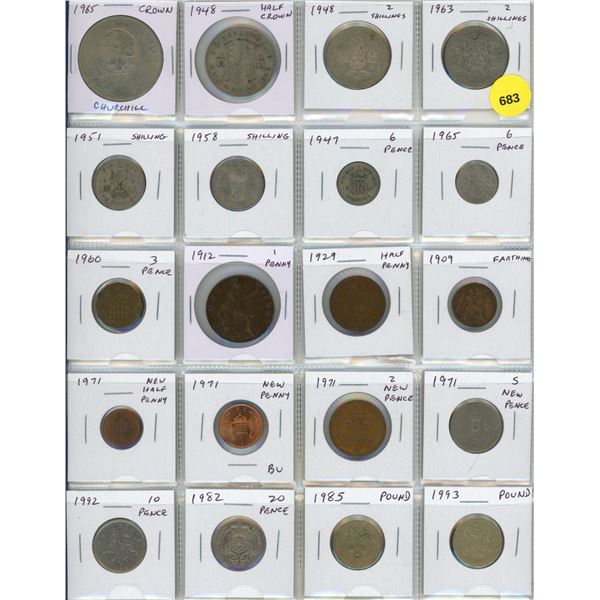 Set of 20 British coins including Crown and Half Crown plus decimal coinage up to 1 Pound.