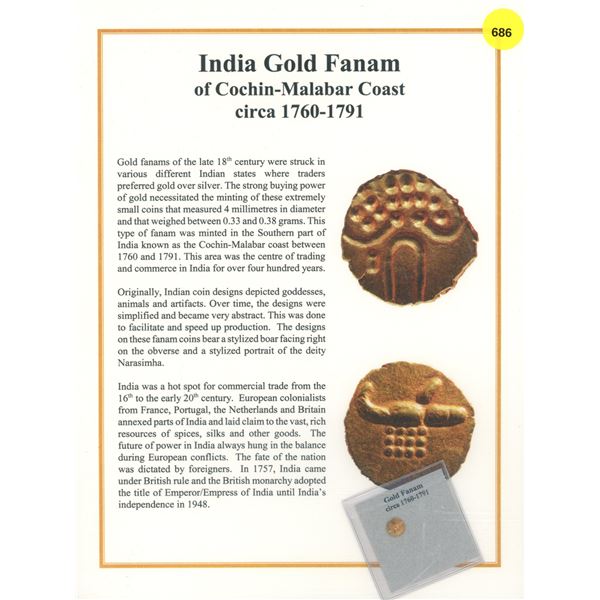India Gold Fanam of Cochin-Malabar Coast Circa 1760 – 1791. Uncirculated. Scarce.