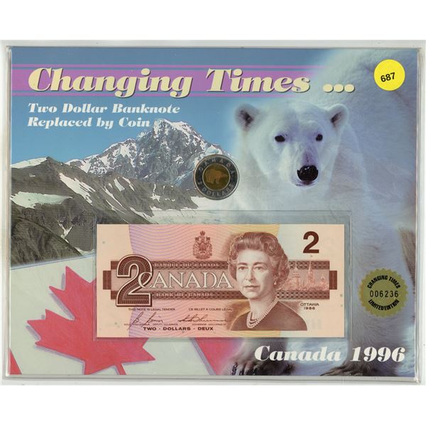 1996 Changing Times: Two Dollar Banknote Replaced by Coin set. Uncirculated.