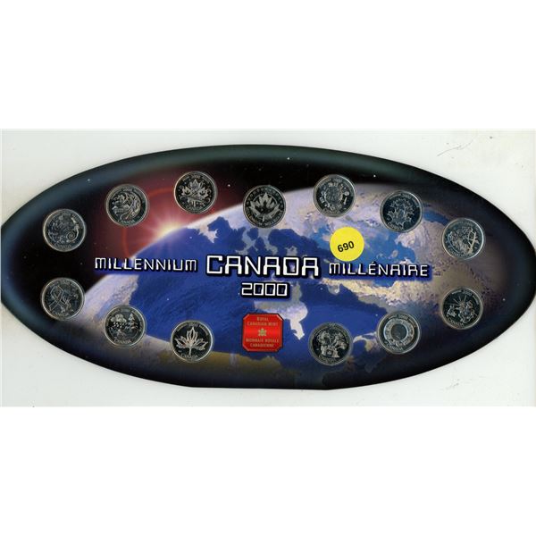 2000 Millennium 25 Cents complete set of 12 plus a Maple Leaf Mint medal, housed in its original RCM