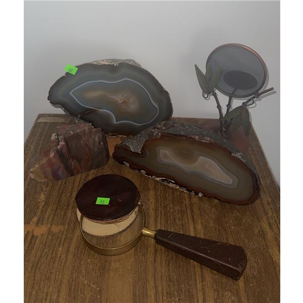 Agate Bookends, Petrified Wood Specimen, Metal Plant Decor, and Magnifier