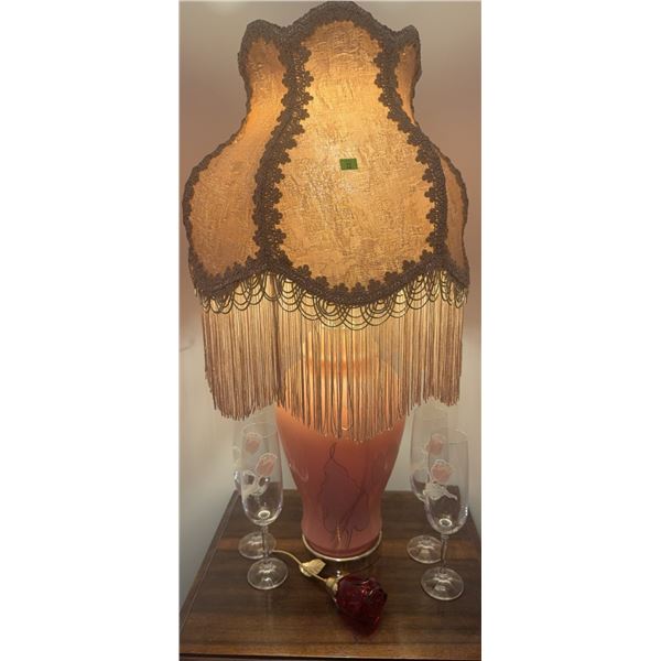 Decorative Table Lamp with Pink Vase Base, 4 Floral Etched Glasses, and Red Glass Rose