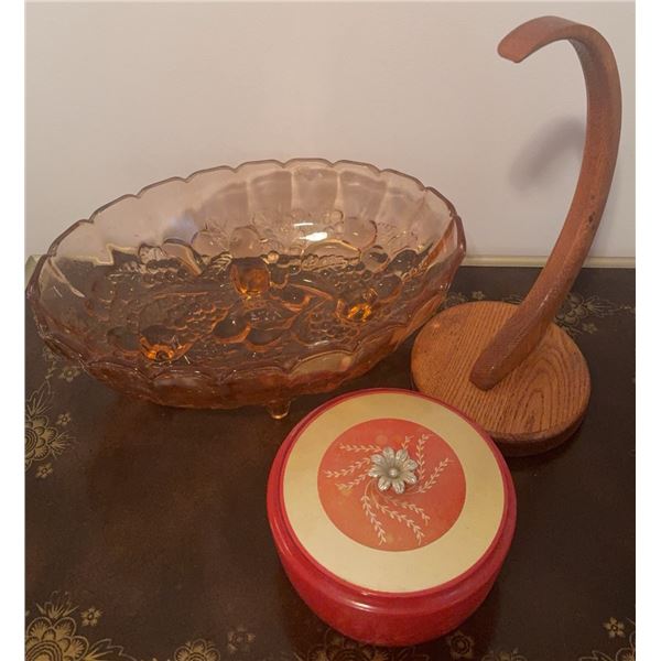 3: Amber Glass Bowl, Wood Ornament Stand, Red Lidded Tin