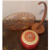 Image 1 : 3: Amber Glass Bowl, Wood Ornament Stand, Red Lidded Tin