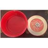 Image 3 : 3: Amber Glass Bowl, Wood Ornament Stand, Red Lidded Tin