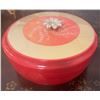 Image 5 : 3: Amber Glass Bowl, Wood Ornament Stand, Red Lidded Tin