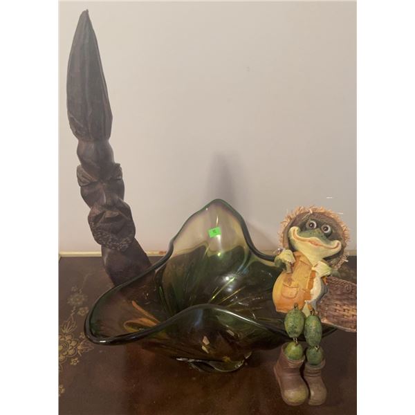 Trio: Wood Carving, Glass Bowl, and Frog Figurine