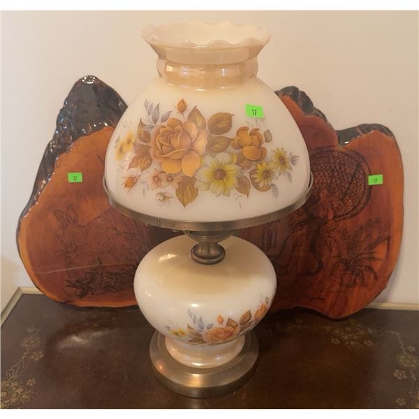 Glass Floral Table Lamp and Two Wood Burn Engraved Slices