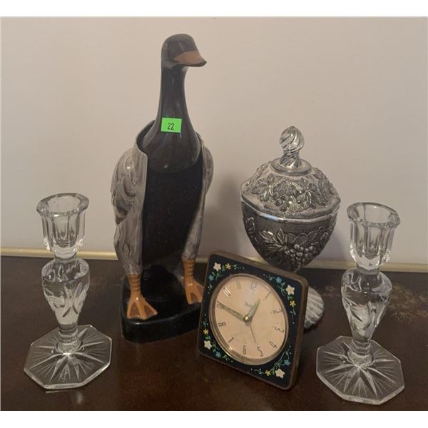 Decorative Lot With Glass Candlesticks, Westclox Clock, Metal Jar, Goose Brush