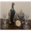 Image 1 : Decorative Lot With Glass Candlesticks, Westclox Clock, Metal Jar, Goose Brush