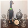 Image 2 : Decorative Lot With Glass Candlesticks, Westclox Clock, Metal Jar, Goose Brush