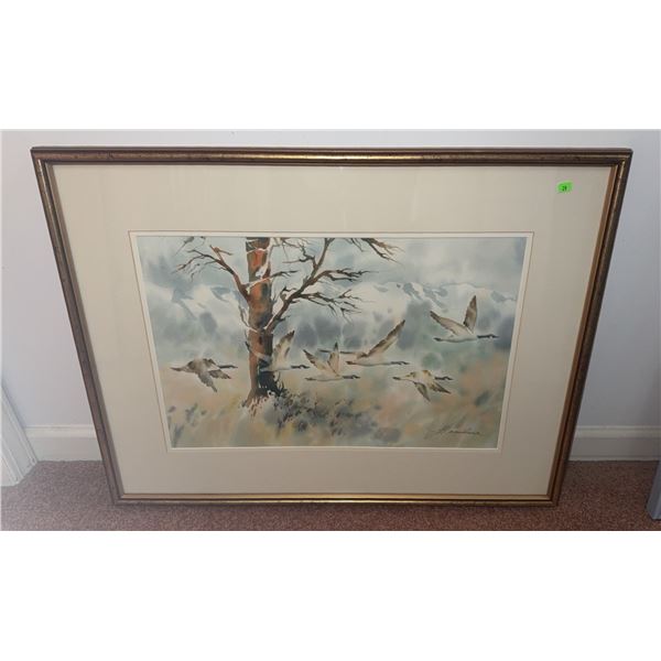 Jack Kamikura Signed Watercolour Print Geese In Flight Framed
