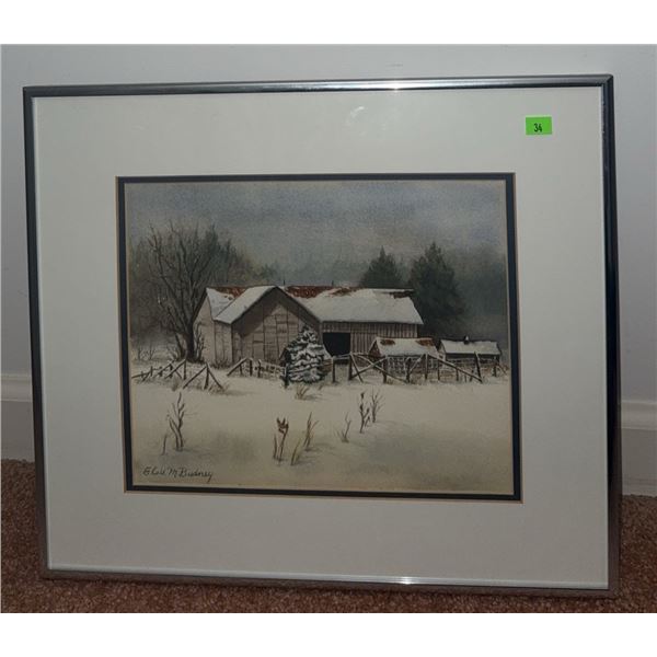 Elaine Bushey Signed Watercolour Barn Winter Scene Framed