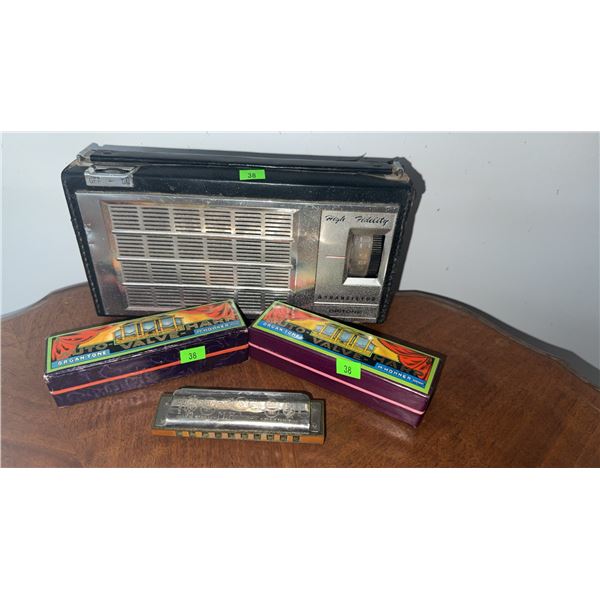 Oritone 8 Transistor Radio and M. Hohner Auto Valve Harp Harmonicas