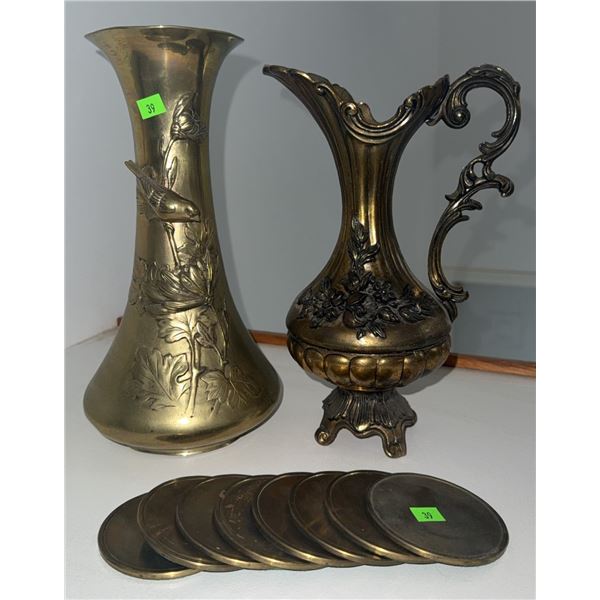 2 Decorative Brass Vases and 8 Brass Coasters