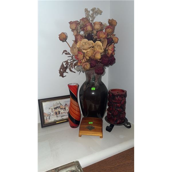 Decorative Lot With Framed Artwork, Cedar Box, Vase With Dried Flowers, Red Candle, and Swirl Vase