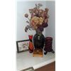 Image 1 : Decorative Lot With Framed Artwork, Cedar Box, Vase With Dried Flowers, Red Candle, and Swirl Vase