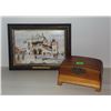 Image 2 : Decorative Lot With Framed Artwork, Cedar Box, Vase With Dried Flowers, Red Candle, and Swirl Vase