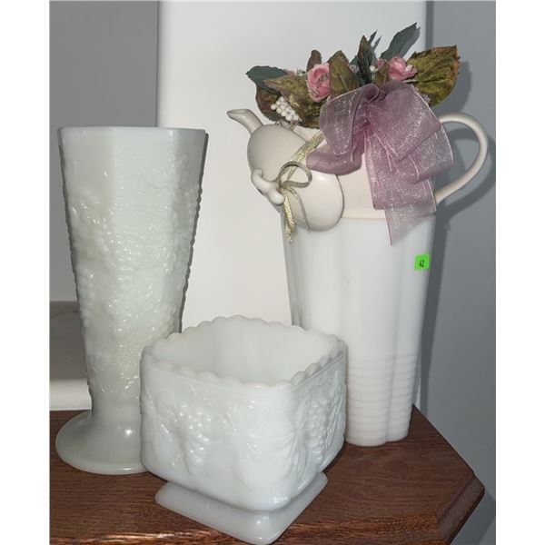 3 White Milk Glass Vessels and 1 Ceramic Teapot Planter