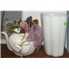 Image 4 : 3 White Milk Glass Vessels and 1 Ceramic Teapot Planter