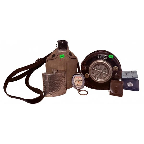Lot: Military Canteen, Hammered Flask, Detex Newman Clock, Key Fob, and Cases