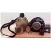 Image 2 : Lot: Military Canteen, Hammered Flask, Detex Newman Clock, Key Fob, and Cases