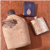 Image 3 : Lot: Military Canteen, Hammered Flask, Detex Newman Clock, Key Fob, and Cases