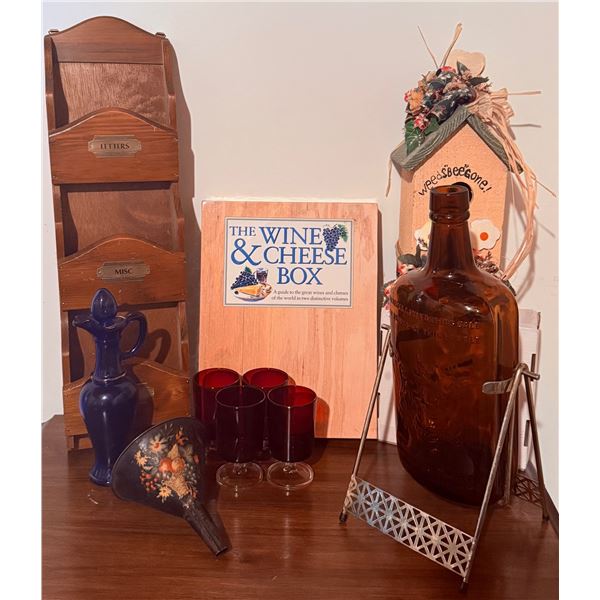 Lot: Letter Sorter, Amber Jug, Cobalt Pitcher, Wine & Cheese Box, Birdhouse, Glasses