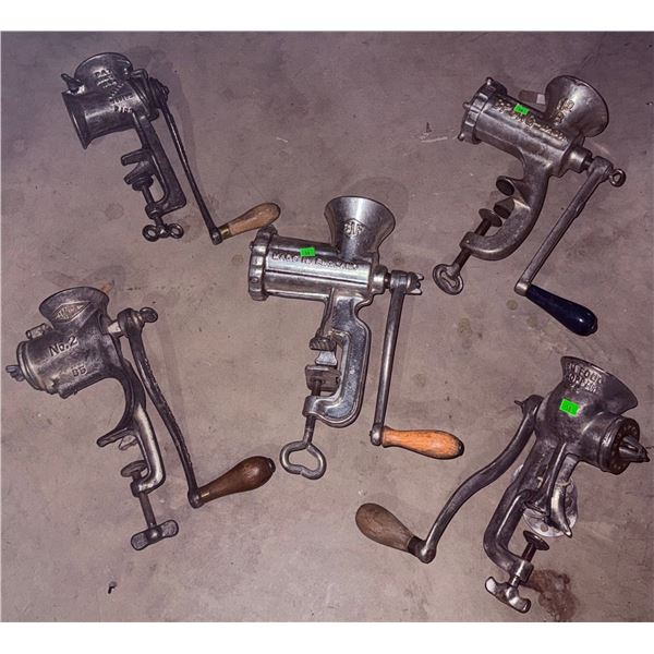 5 Cast Iron Manual Meat Grinders, Mixed Brands