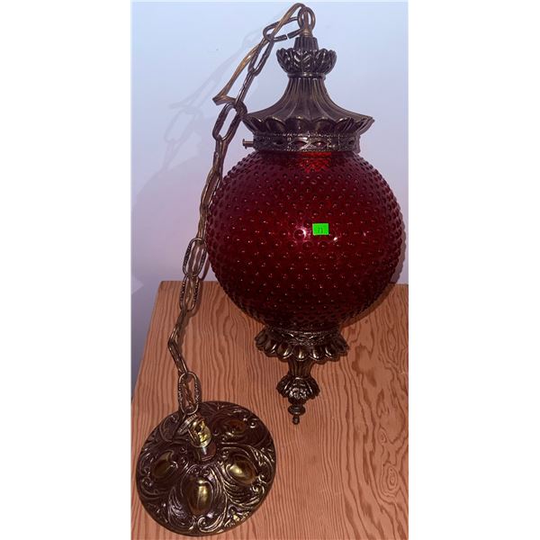 Hanging Red Hobnail Glass Pendant Light with Ornate Metal Mount