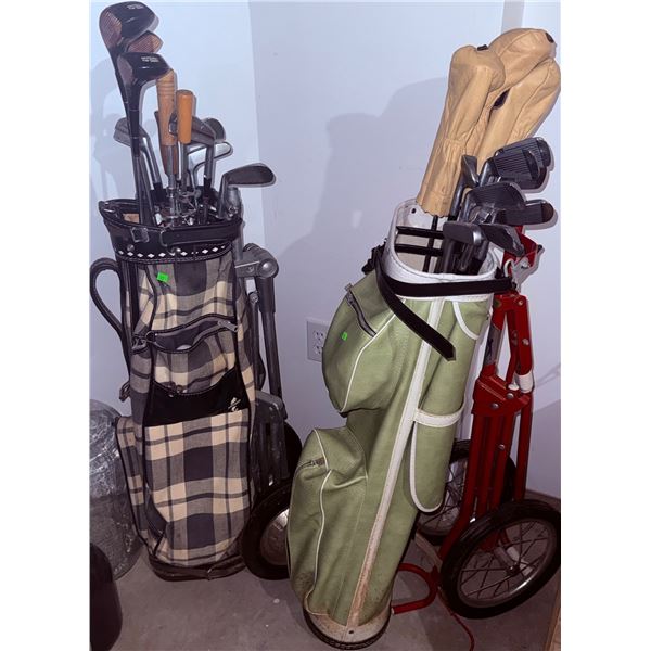 Two Golf Club Sets with Bags, Carts, and Headcovers